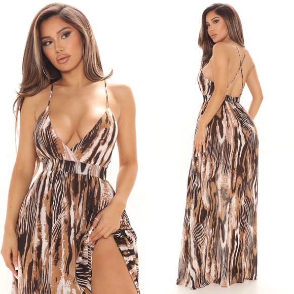 Brown/MultiColor Maxi Dree with Split - Picture 1 of 1